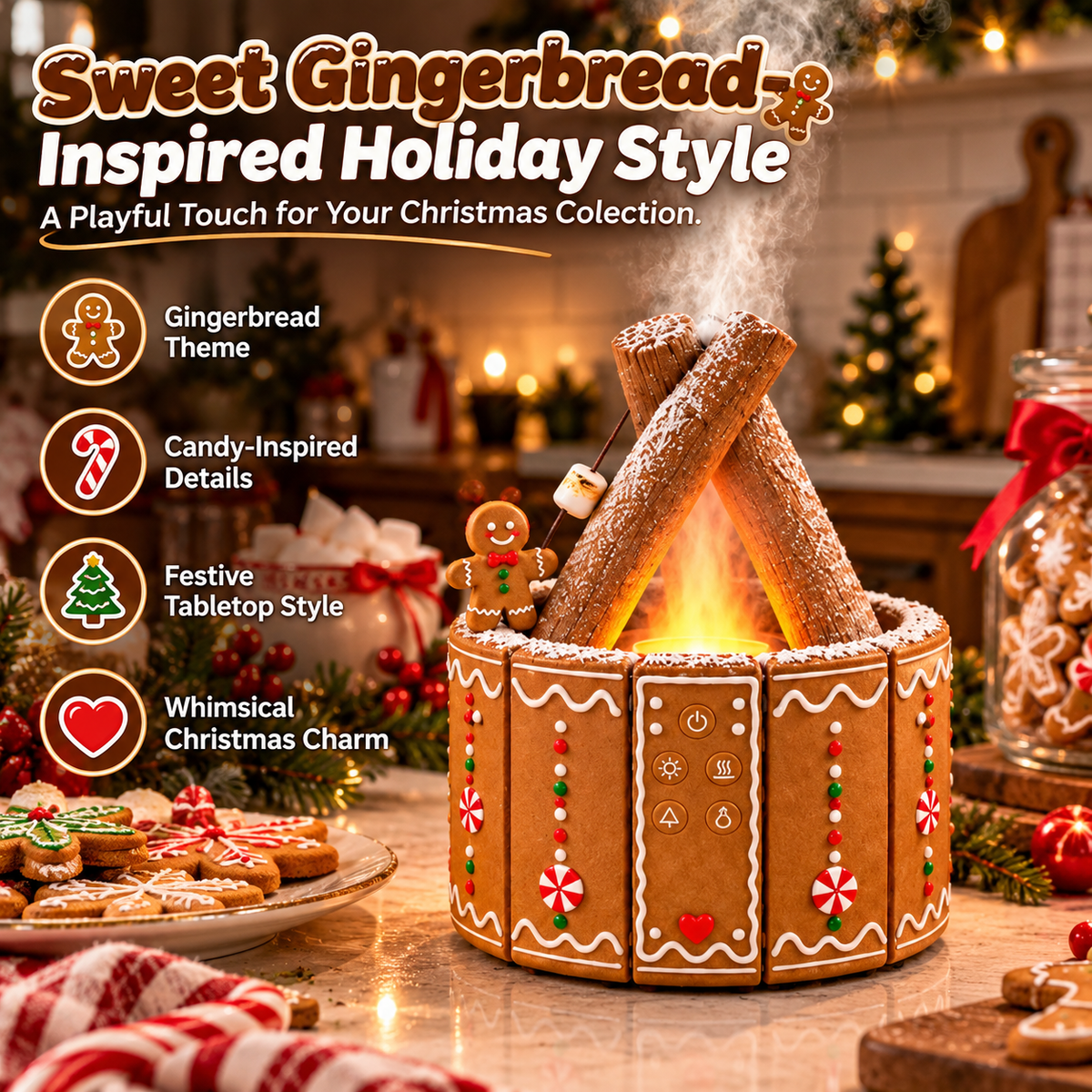 🎄 MerryMist Christmas Campfire Aroma Diffuser – Cozy Flame-Style Glow, Festive Mist & Adorable Santa/Gingerbread Designs