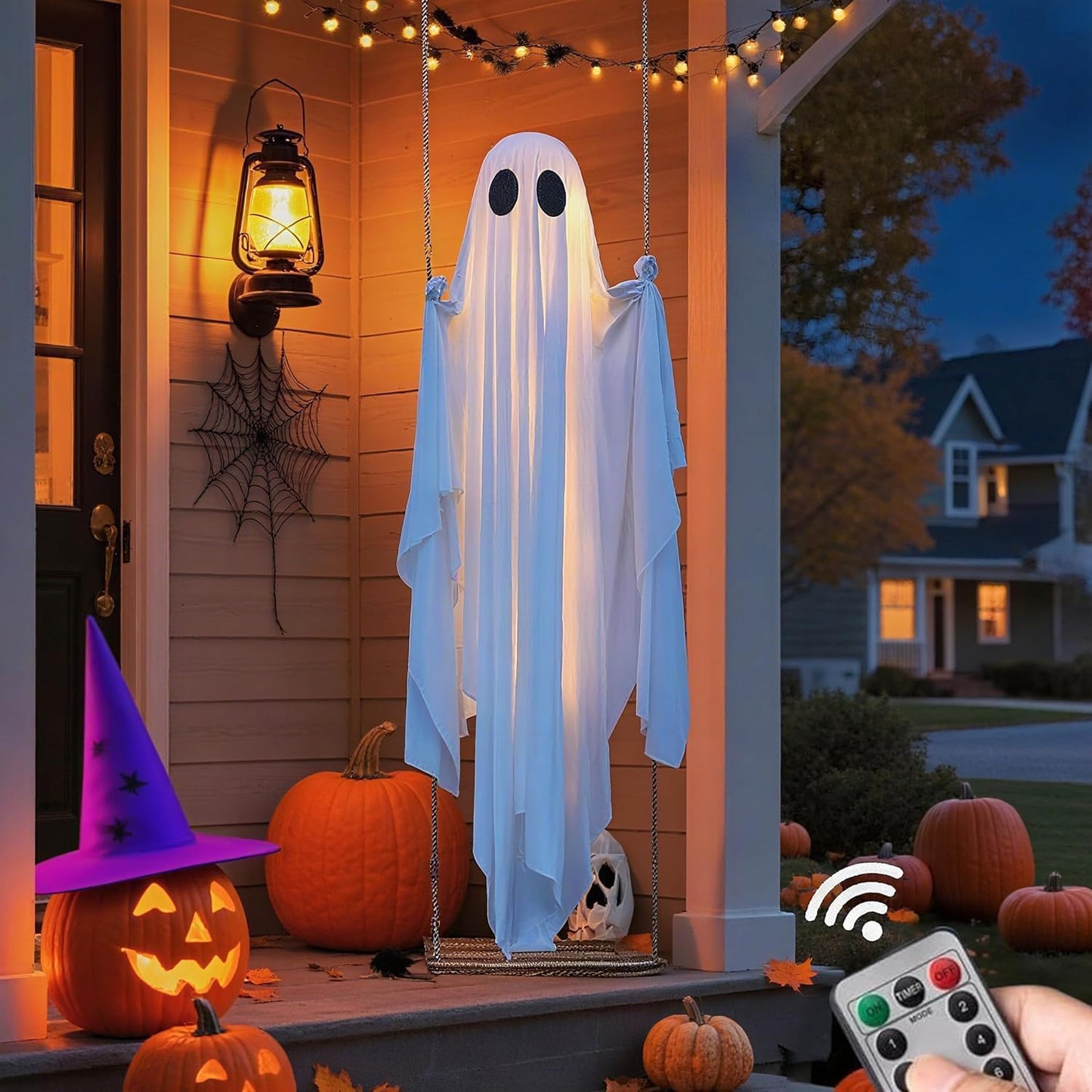 🎁50% OFF TODAY🎃👻Halloween Decorations OutdoorHanging Swing Ghost Halloween Decor with String Lights, Spooky Cute Ghosts Decorations for Front Porch Yard Tree