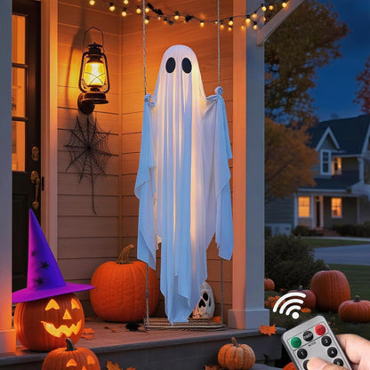 🎁50% OFF TODAY🎃👻Halloween Decorations OutdoorHanging Swing Ghost Halloween Decor with String Lights, Spooky Cute Ghosts Decorations for Front Porch Yard Tree