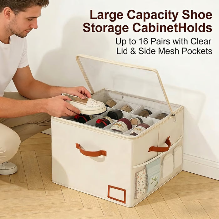 👟Large capacity shoe cabinet storage box Holds Up to 16 Pairs with Clear Lid & Side Mesh Pockets