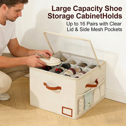 👟Large capacity shoe cabinet storage box Holds Up to 16 Pairs with Clear Lid & Side Mesh Pockets