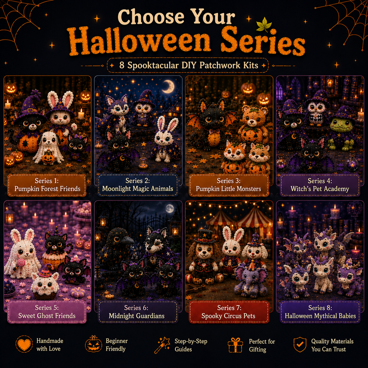 🔥 50% OFF TODAY | 🎃 Halloween Friends 4-Piece DIY Patchwork Kit Collection 🧵👻