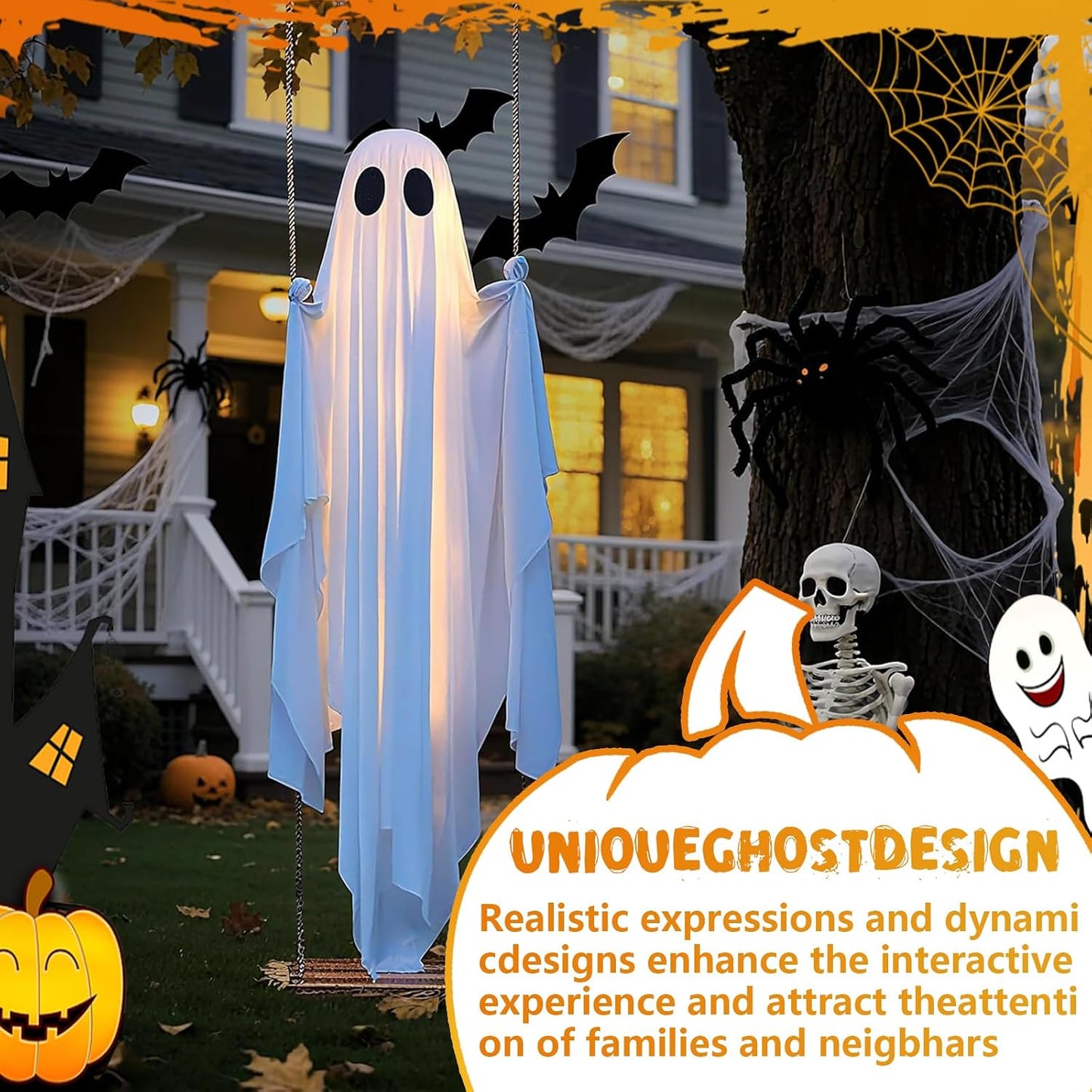 🎁50% OFF TODAY🎃👻Halloween Decorations OutdoorHanging Swing Ghost Halloween Decor with String Lights, Spooky Cute Ghosts Decorations for Front Porch Yard Tree