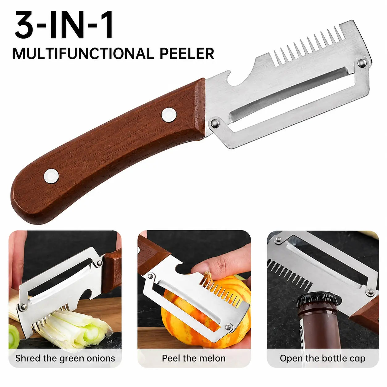 2 PCS Wood Handle Multifunction Kitchen Peeler for Peel, Slice & Bottle Opening