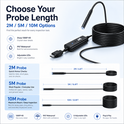 HD Endoscope Inspection Camera | 2M 5M 10M Waterproof Probe