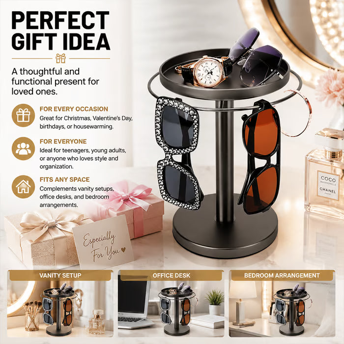 🕶️✨360° Rotating Sunglasses Organizer Stand — Eyewear Rack with Tray