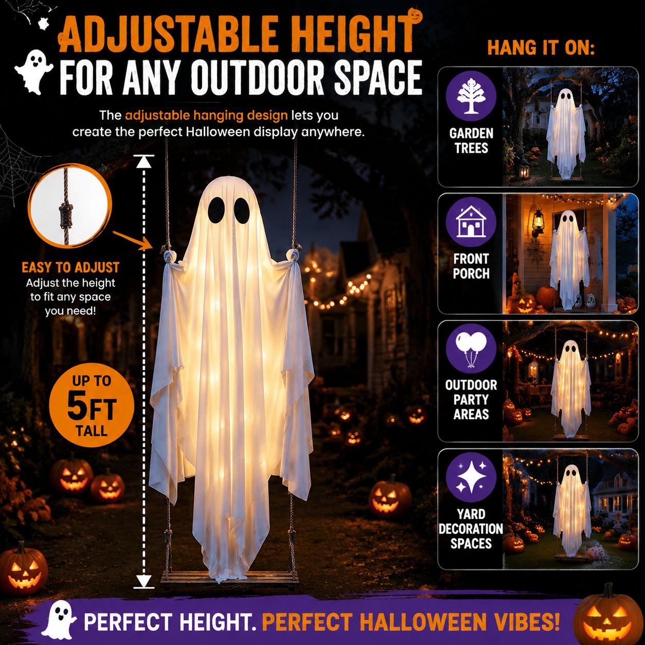 🎁50% OFF TODAY🎃👻Halloween Decorations OutdoorHanging Swing Ghost Halloween Decor with String Lights, Spooky Cute Ghosts Decorations for Front Porch Yard Tree