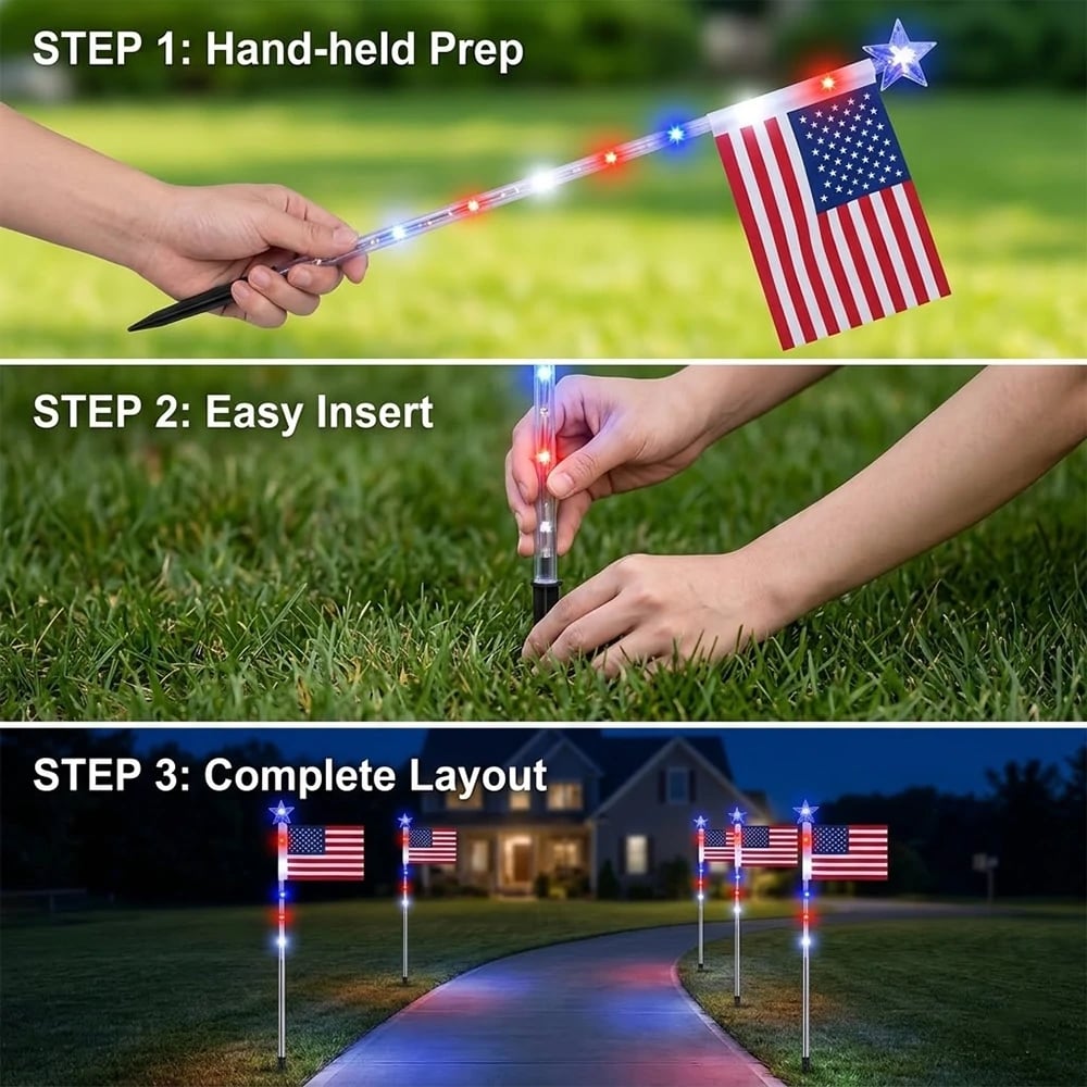 🔥Last Day: 49% OFF🔥8 Solar American Flag Pathway Lights – Red, White & Blue Yard Glow for 250th Independence Celebration 🇺🇸✨