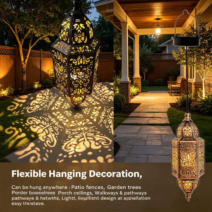 🌙 Solar Outdoor Decorative Lantern Lights Moroccan-Style Metal Hanging Garden Lights | Waterproof Solar Patio & Pathway Decor 🌿✨
