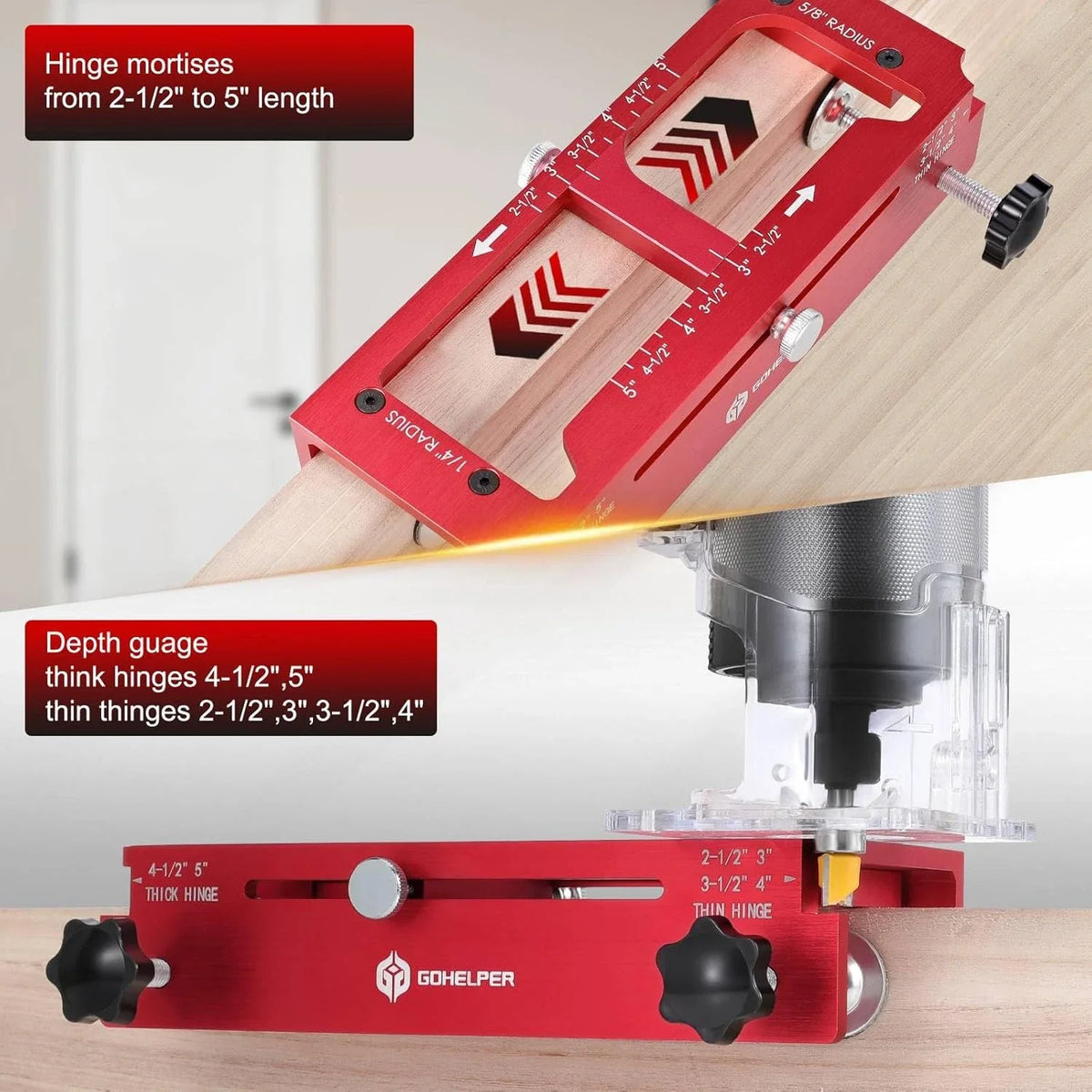 Door Hinge Cut Out Tool for Door & Cabinet Hinges, Fits 2.5\" to 5\" Hinges with 1/4\" & 5/8\" Radius & Square Corner Tools